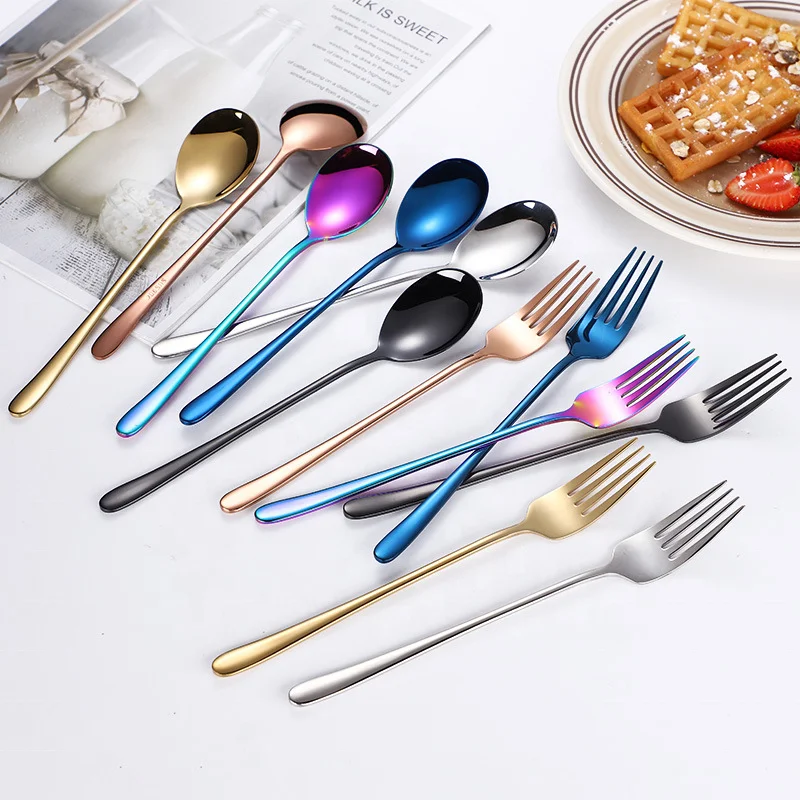 

Eco-friendly stainless steel dinnerware sets Korean spoon fork Plated metal Round spoon cutlery set, Customized color