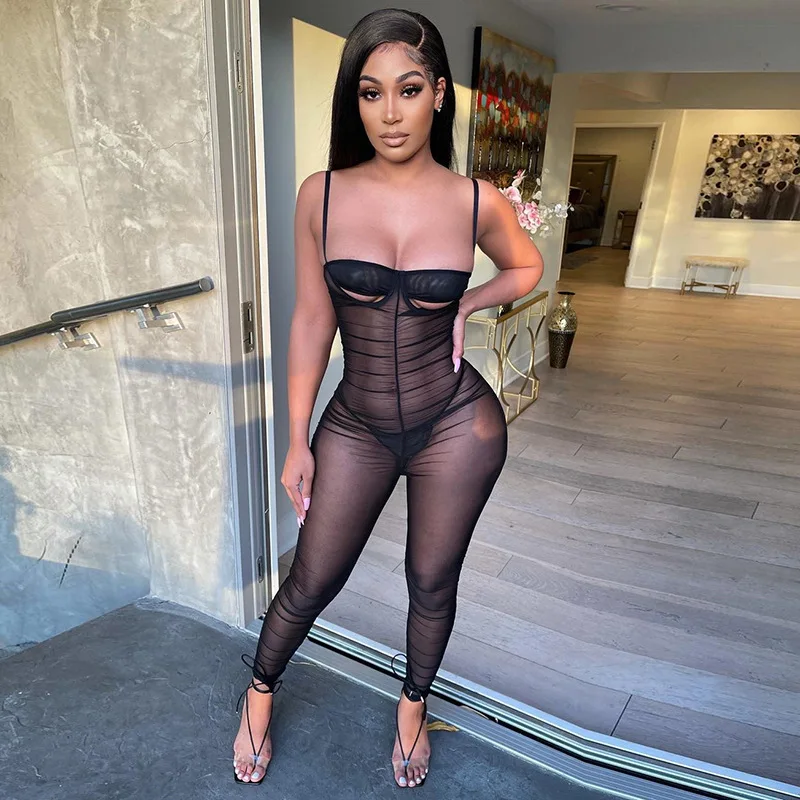 

YIWU XINYU Sexy black mesh one piece jumpsuits Vendors Sheer Perspective Halter Pleated Slimming Rompers Jumpsuit Women