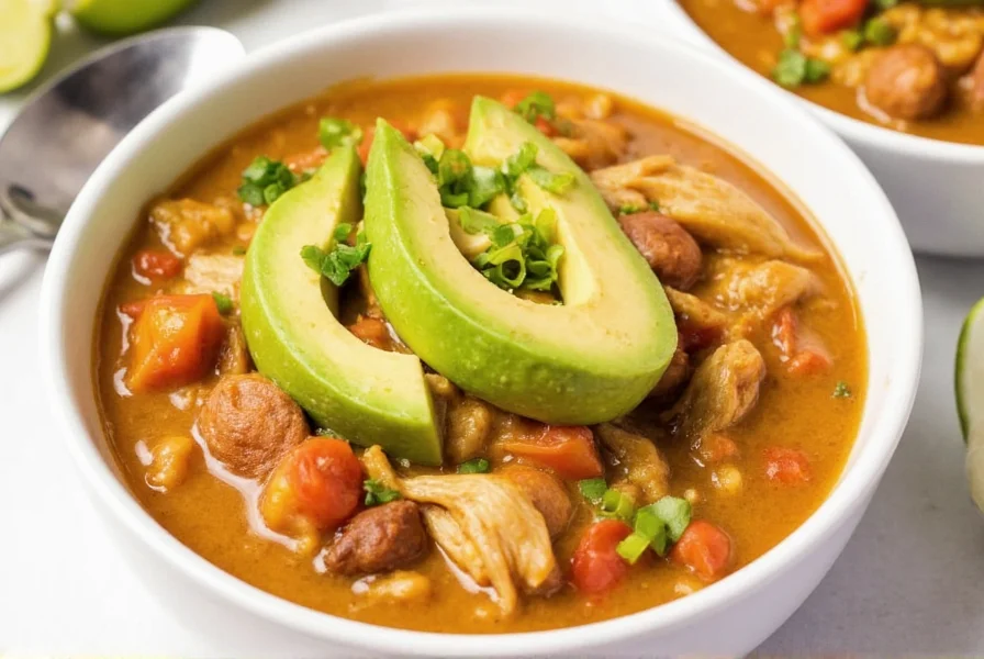 Finished creamy chicken chili served in white bowl with avocado garnish and lime wedge