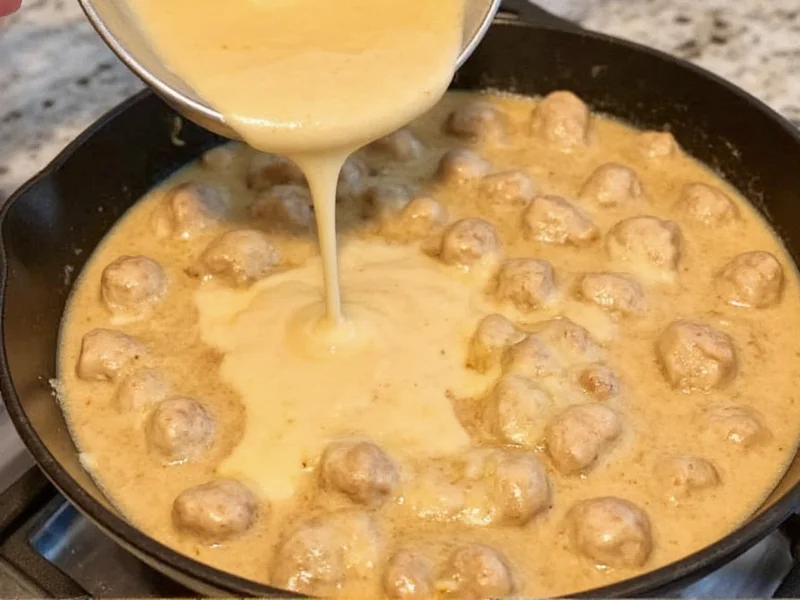 Whisking creamy gravy for Swedish meatballs in cast iron skillet