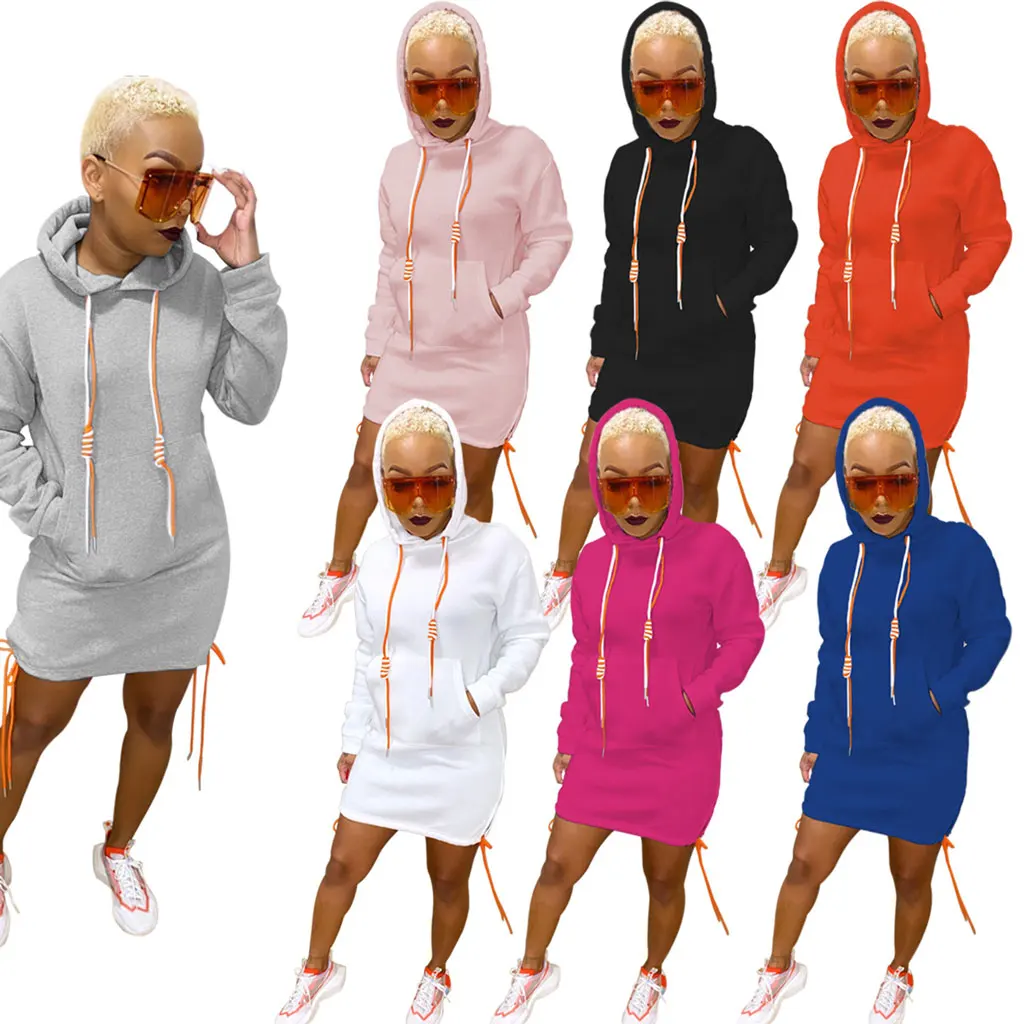 

20805-MX83 special hem split drawstring hoodie dresses women sehe fashion