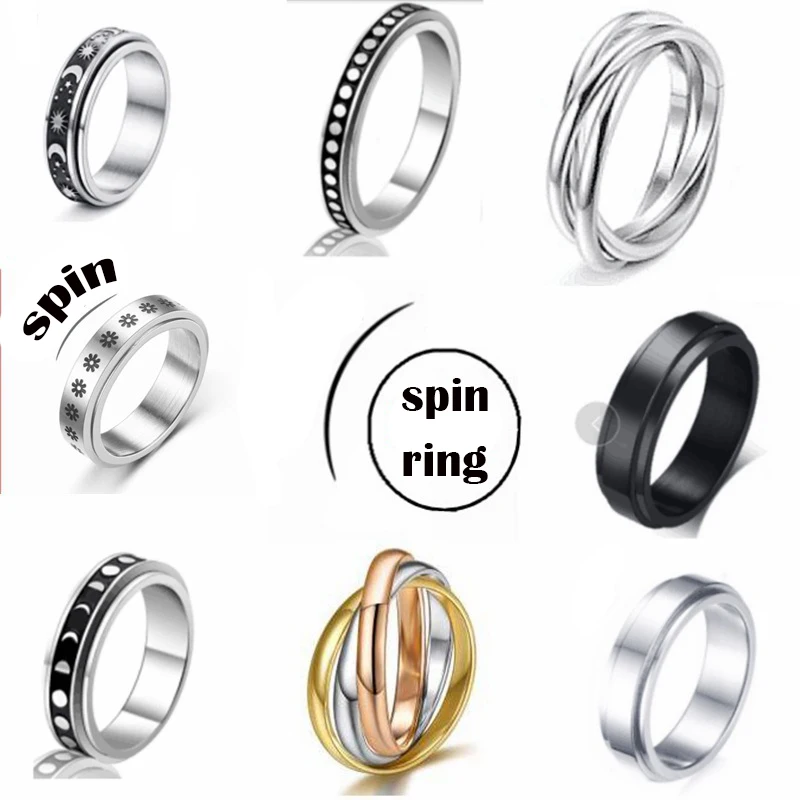 

20 designs Anxiety Spinner Ring for Men Women Cool Promise Fidget Band Thumb Moving Intertwine Chain Spins Grooved Edge Ring, Picture