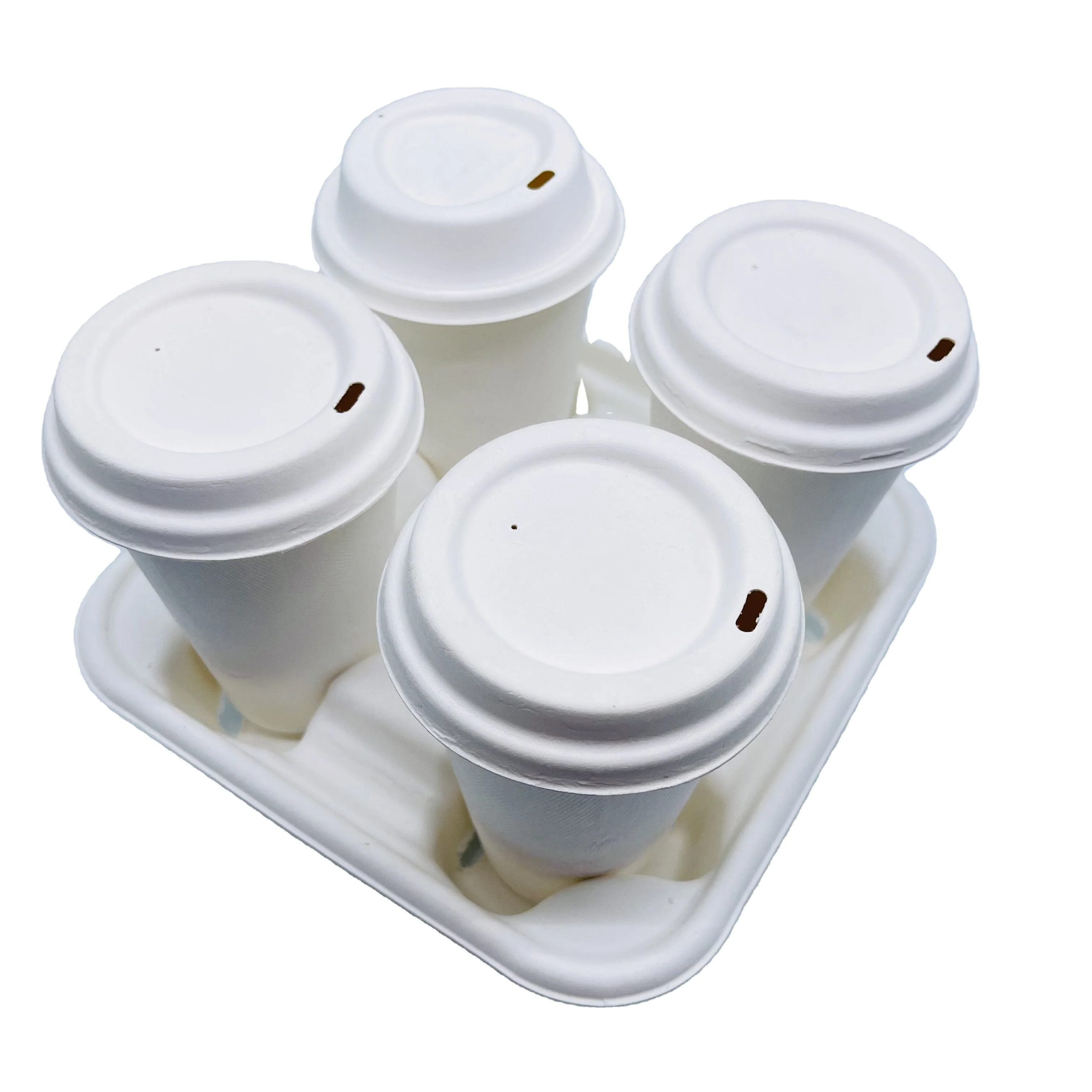 

4 pack pulp Bagasse Sugarcane disposable drink coffee cup tray cup carrier holder tray, Natural, white