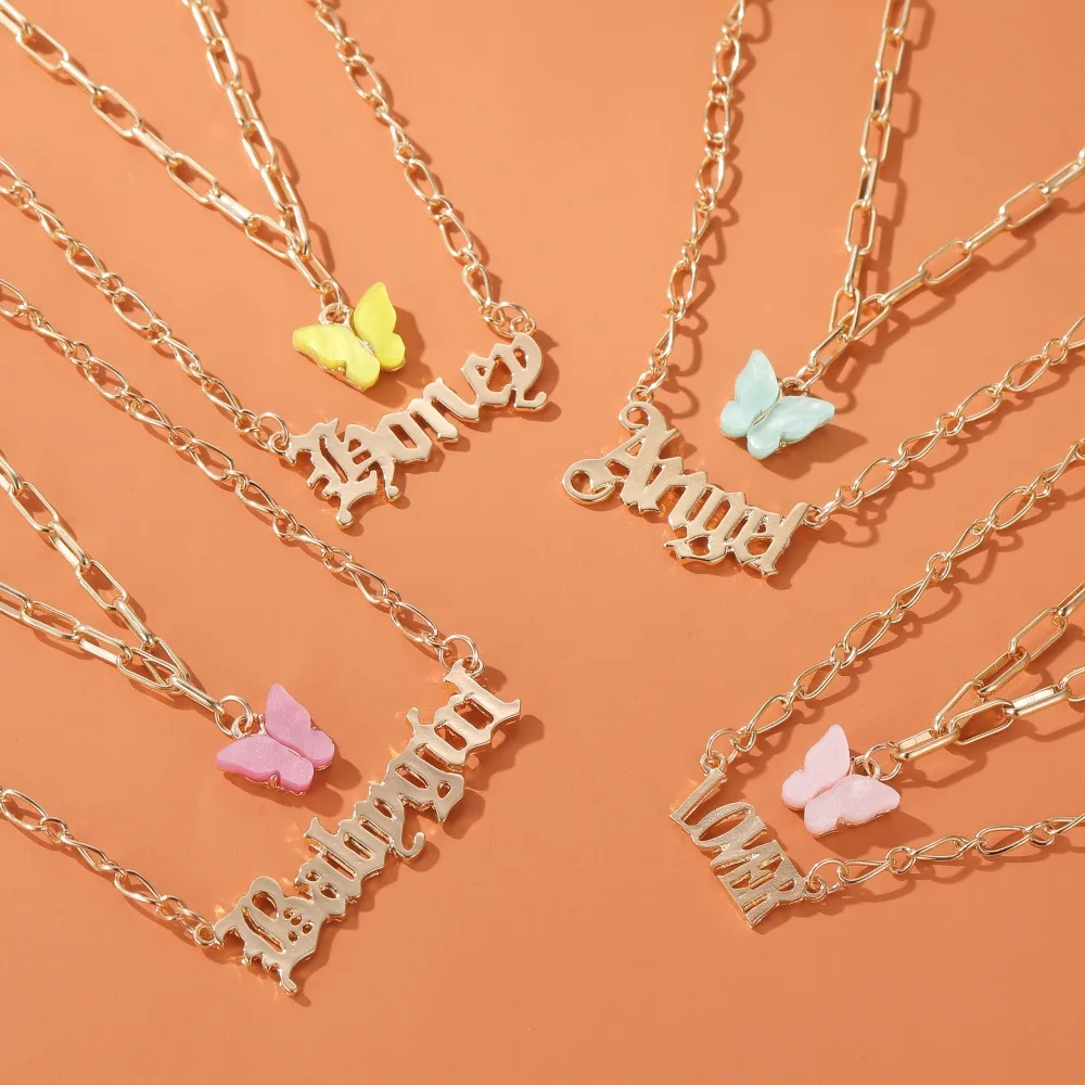 

Hot sale Popular Old English Font Babygirl Alphabet Lock Butterfly Necklace,Simple Bone Chain Baby girl Necklace, Gold