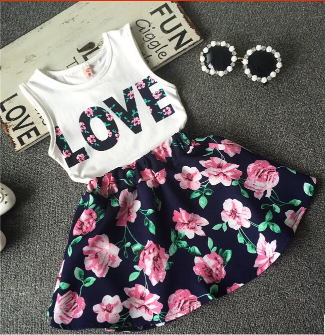 

2021 New Girls' Love Letter Flower Sleeveless Vest Floral Skirt, Picture shows