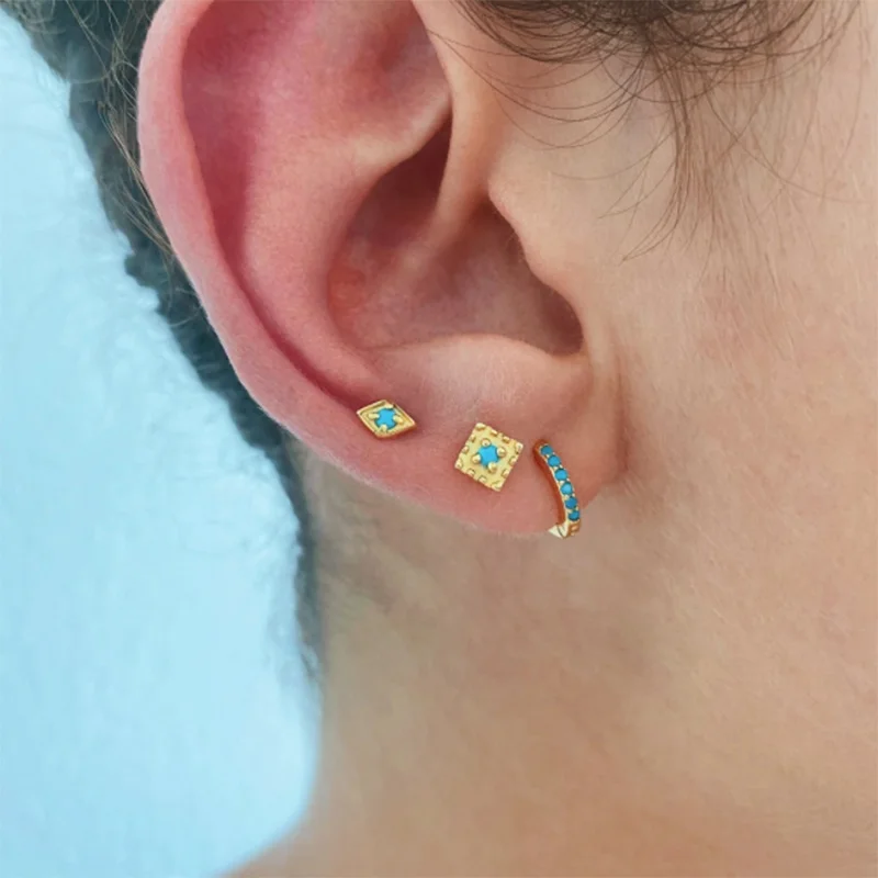 

New Trendy 3PS/Set 925 Silver Hoop Piercing Earrings Geometry Square Turquoise Stone Stud Earrings for Women, Gold and silver