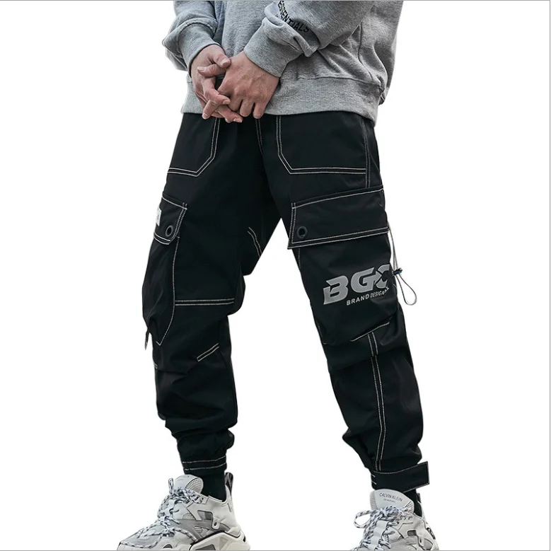 

Wholesale 2021 Overalls Men's New 100% Polyester Casual Pants Reflective Printing Pants, Black,grey