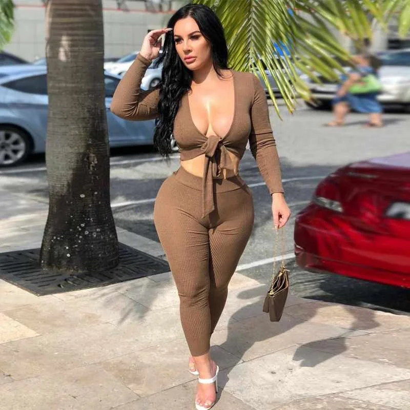 

fall winter new design women sexy long sleeve v neck jogger two piece lounge set women clothing 2020 outfits