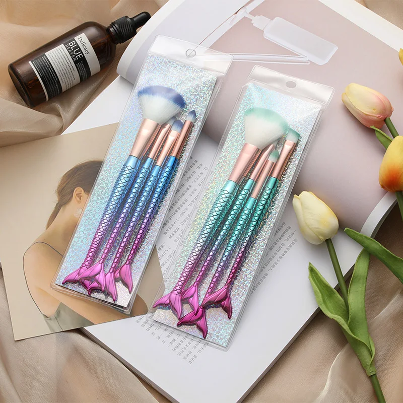 

4PCS Colorful Mermaid Tail Eye Makeup Brush Set Fishtail Beauty Tools Mermaid Makeup Brush, Yellow purple blue green