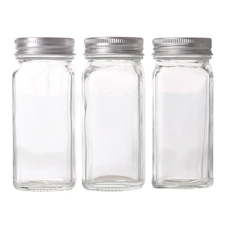 

wholesale 4oz Glass Square Spice Shaker seasoning storage stand Salt and Pepper Shakers Set With Silver Lids