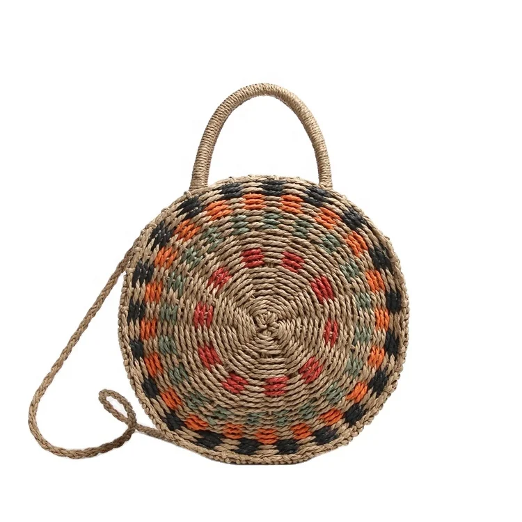 

Wholesale ethnic style women fashion colourful straw bag round single shoulder bag, Stitching