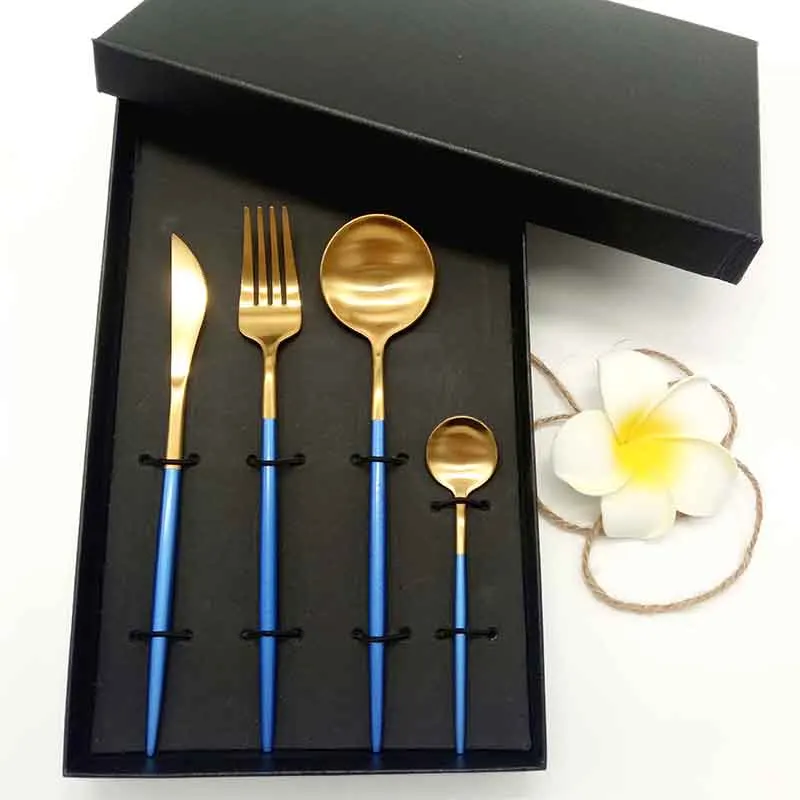 

Creative Stainless Steel 304 Cutipol Matte Gold Plated Blue Handle Cutlery Set, Gold and blue