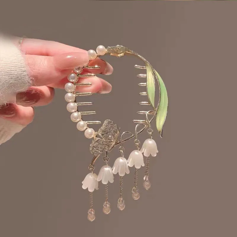 

Fashion Retro Tassels Flower Shark Clip Head Accessories Bellflower Ponytail Metal Hair Claw Women Hair Clips