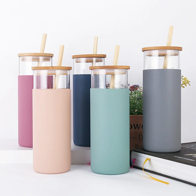 

Amazon Best Seller BPA Free Straw Silicone Protective Sleeve Custom Cup Drink Glass Bottle Glass Water Tumbler With Bamboo Lid