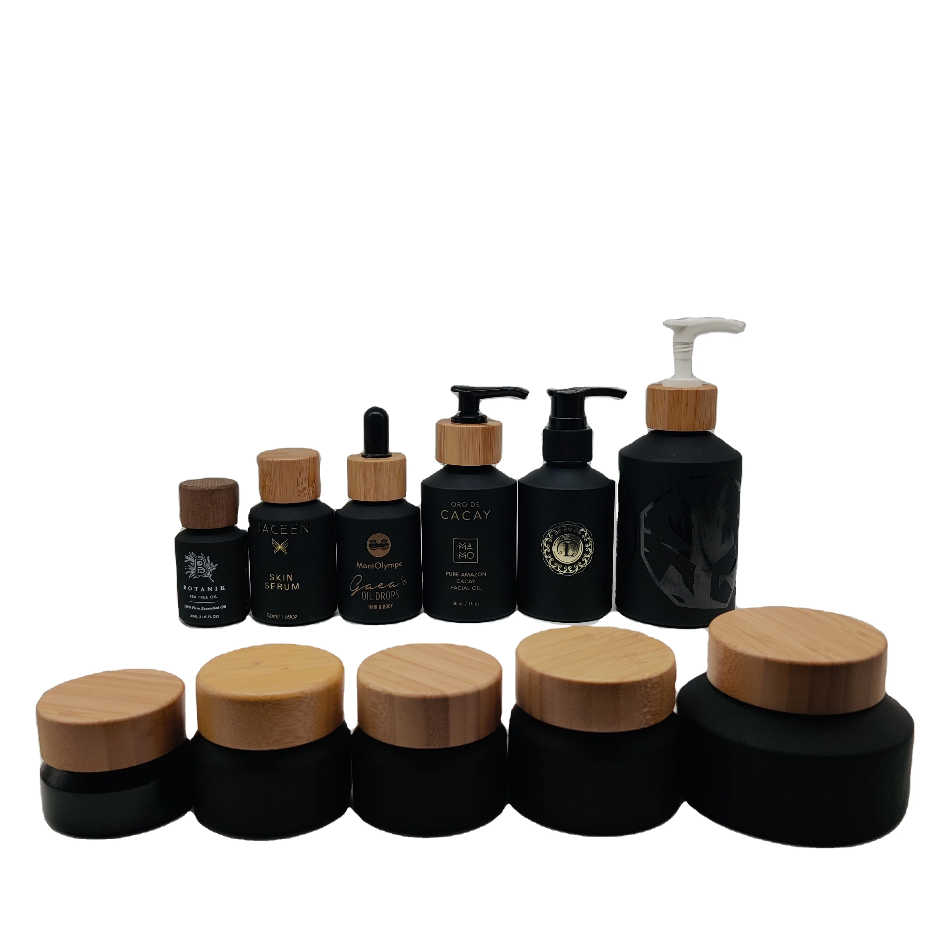 

Black Matte Cosmetic Packaging Glass Bottle and Tilt Jar for Serum Essential Oil Lotion Face Cream Skin Care Balm with BambooLid