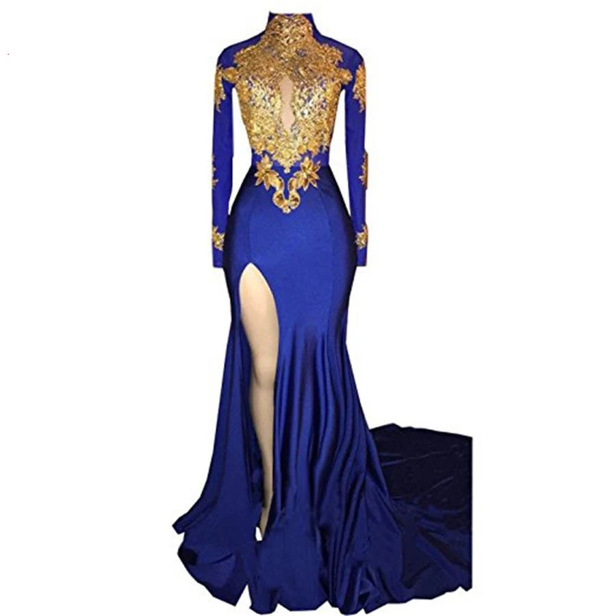

2020 Women's Mermaid High Neck Prom Dress New Gold Applique Long Sleeves Split Evening Gowns Royal Blue Sweep Train Prom Dresses, Custom made