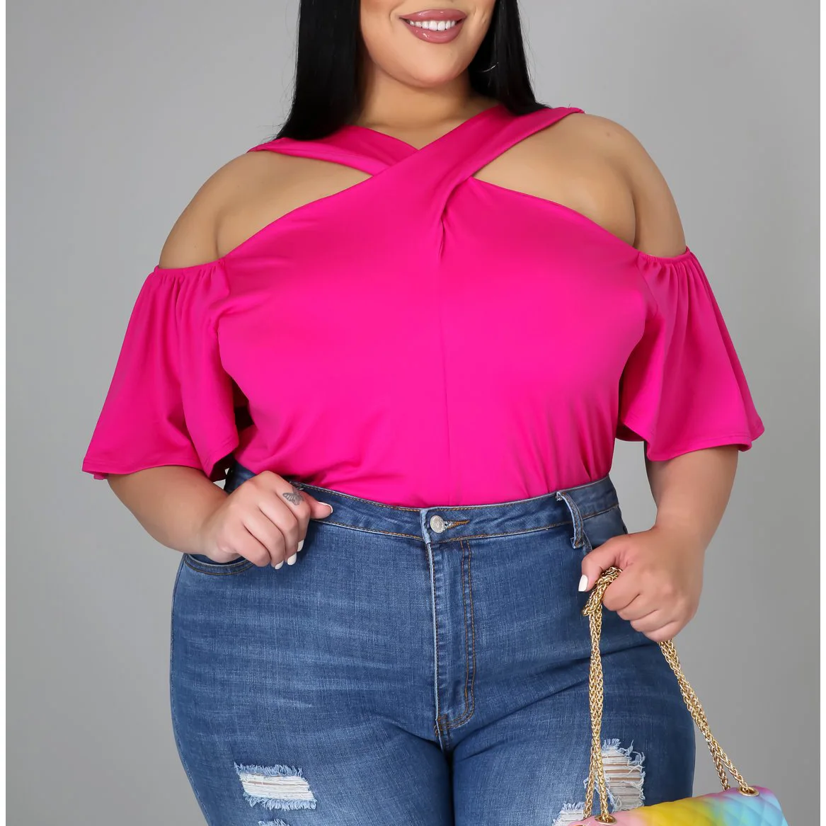 

Customize Private Label Oversize T Shirt for Women Cold Shoulder Design Solid Color Tops for Plus Size Women, Black, fuchsia