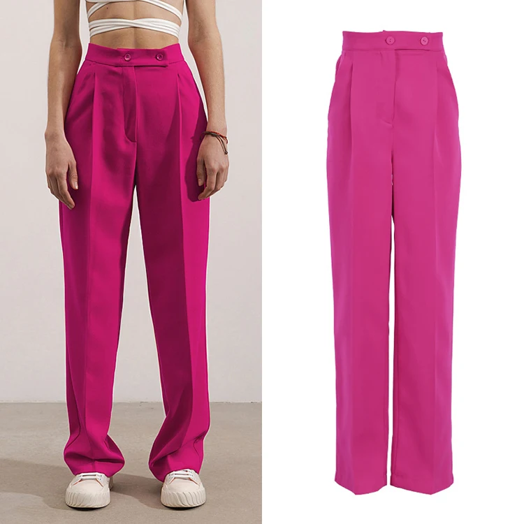 

New Autumn 2021 High Waist Straight Wide Leg Pants Slim Pink Office Suit Womens Trousers