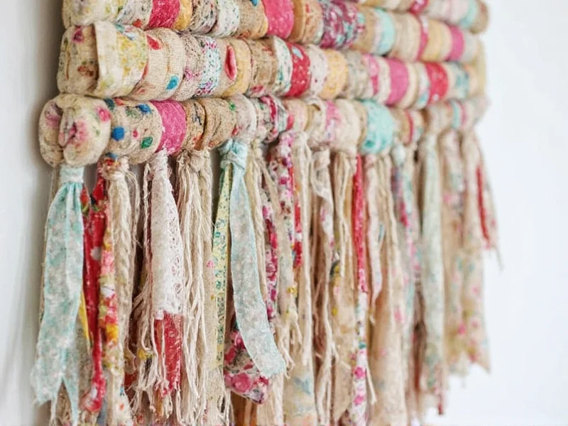 Colorful fabric scrap wall hanging made by beginner crafter with natural lighting