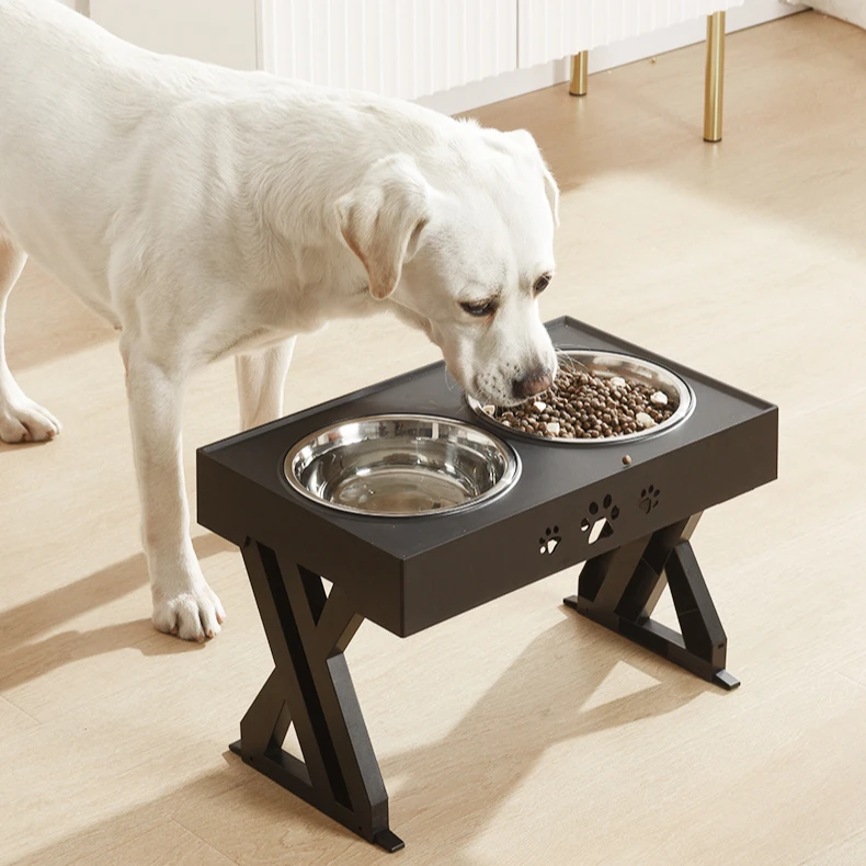 

2021 Slow Feeder Stainless Steel Pet Double Portable Travel Water Elevated Food Adjustable Dog Bowl With Stand, Gray, black