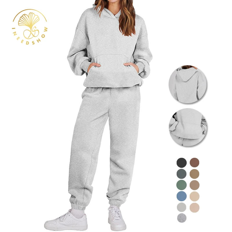 

Wholesale Heavy Weight Cotton Blank Plus Size Baggy Long Sleeve Women's Clothing 2 Pieces Hoodies And Sweatpants Jogger