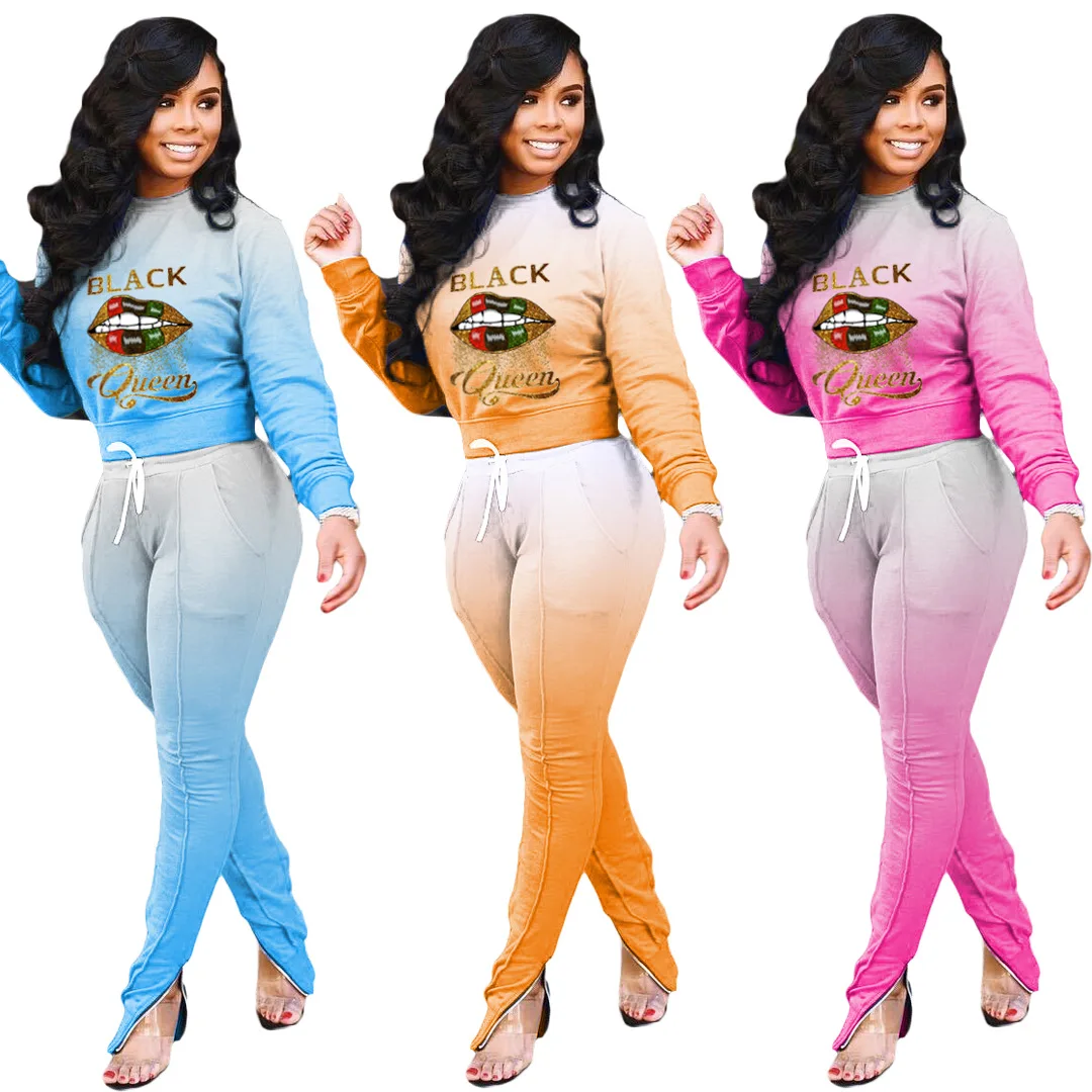 

Gradient Color Letter Print Two Piece Set Women Long Sleeve O Neck Pullovers Sweatpants Suit Female 2020 Autumn Winter Outfits, Pink,yellow,blue
