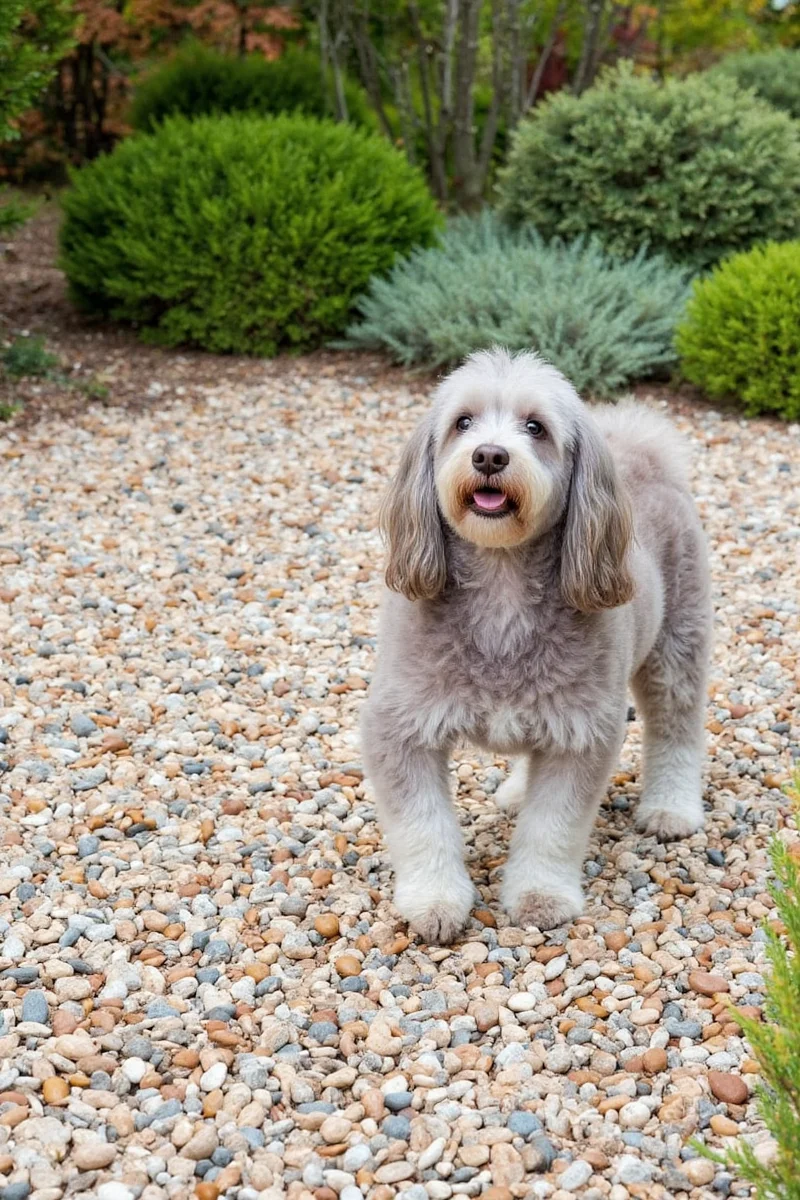 A golden retriever lounging comfortably on a pea gravel yard, enjoying the soft texture under his paws.