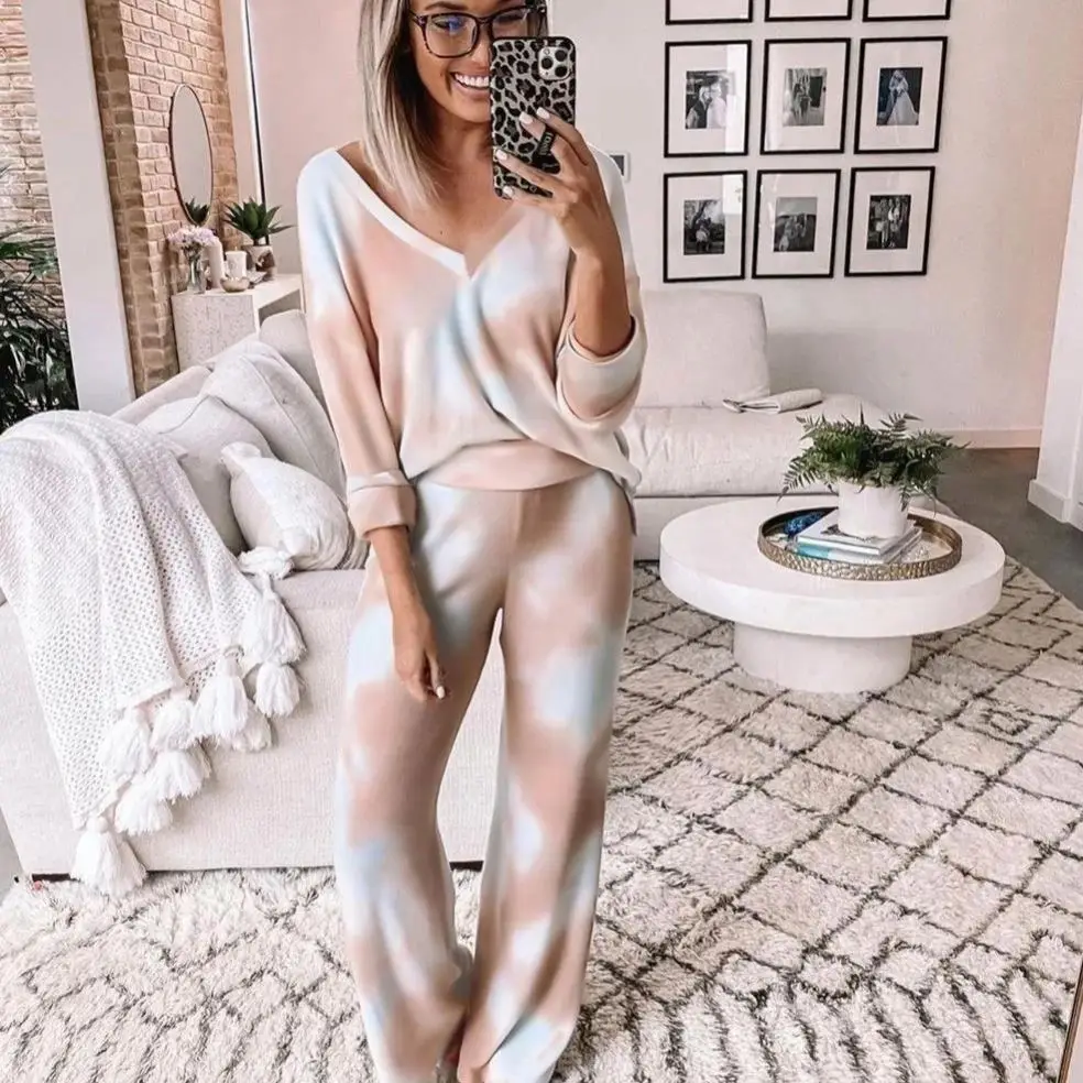 

Wholesale 2 piece Tie-Dye sexy lady Long Pants Pajama Ultra-Soft Women's Sleepwear set, Picture shows