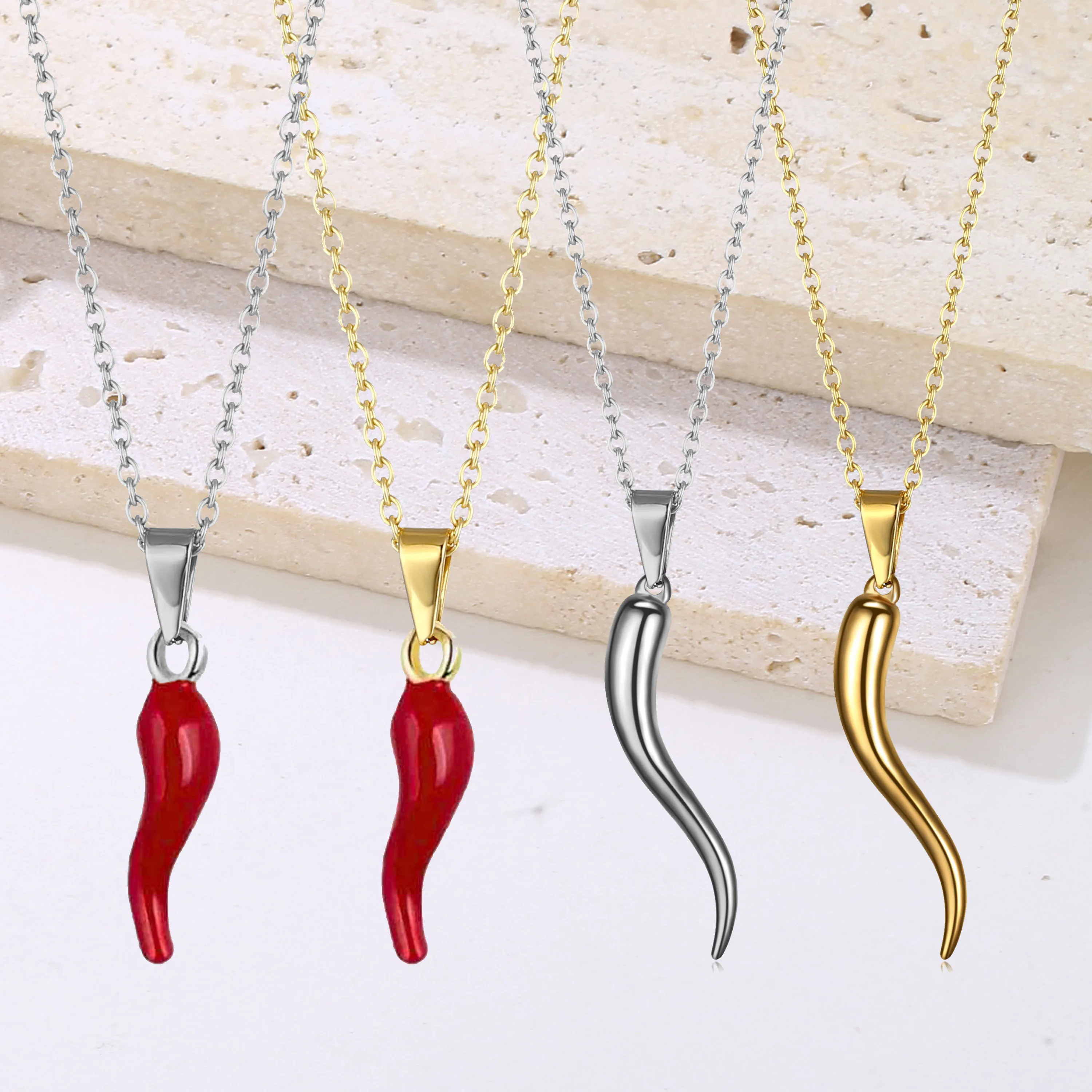 

Non Tarnish Water Proof Jewelry Lucky Italian Horn Cornicello Chili Charm Pendant Necklace Enamel Red Hot Chilli Pepper Necklace