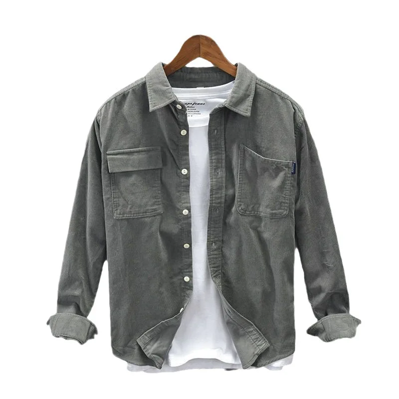 RNSHANGER New Plain Shirt Men's Cargo Jacket Casual Spring Autumn Loose Coat Spring Cardigan Turn-down Collar Male Shirt