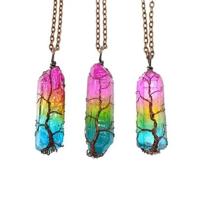 

European and American Hot Selling Handmade Colorful Crystal Natural Stone Column Hexagonal Pillar Tree Of Life Pendant Necklace, As pic