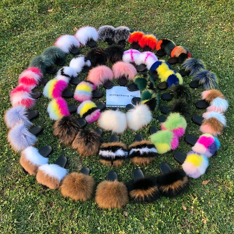 

Designer Fluffy Sandals Wholesale Fox Fur Slippers Hot Selling Women Big Racoon Fur slides, Customized color