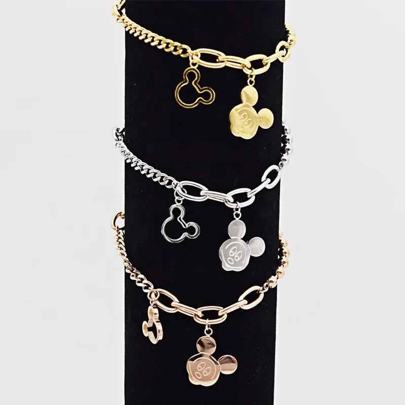 

Designer Gold Plated Jewelry Cuban Link Chain Bean Chain Mickey Mouse Charm Bracelets & Bangles for Girls
