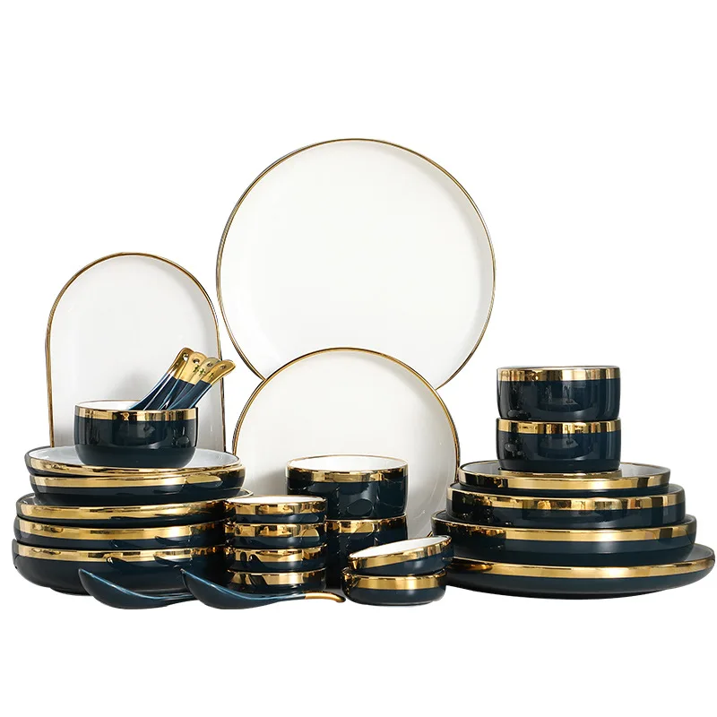 

Nordic golden trim navy blue bowl set ceramic bowl and dish set household dinner plate dumpling plate bone dishDinnerware Sets