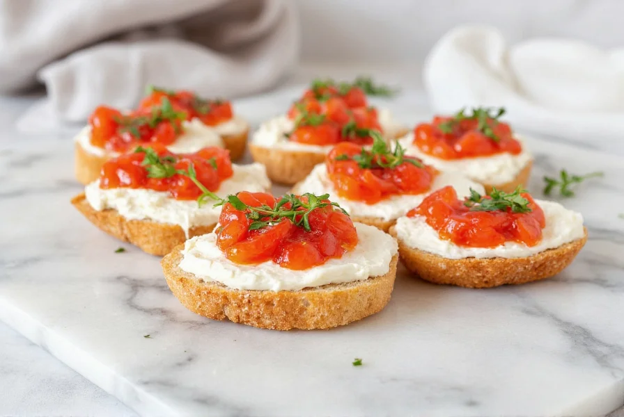 Red pepper jelly and cream cheese crostini topped with fresh herbs on marble surface