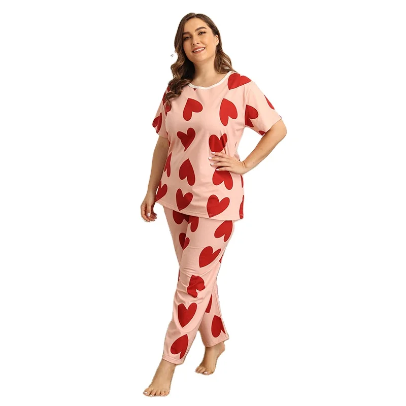 

Custom tags label Amazon hot selling US size XXXL plus women sleepwear 2 pieces set for ladies pajamas