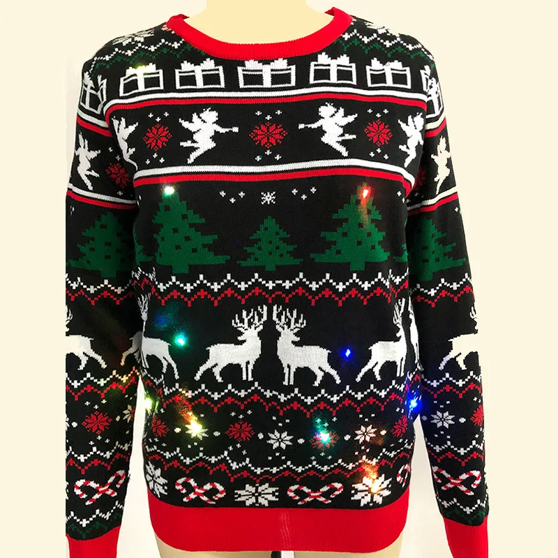 

2021 American Pullover Knitted Christmas Sweater Adult Custom Ladies Woman Arcylic Ugly Christmas Sweater Jumper With Led Lights
