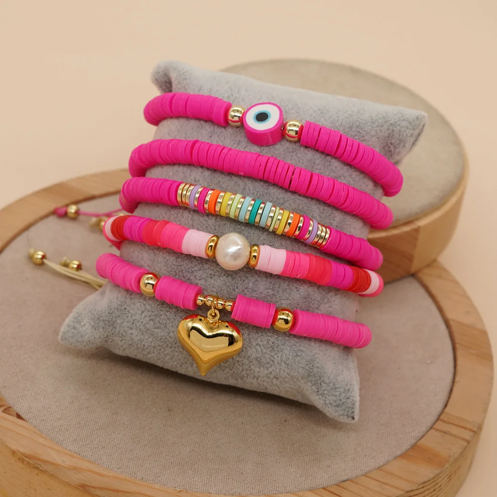

JC crystal 2024 women pink fashion custom evil eye bracelet adjustable 5 pieces clay beads bracelet kit