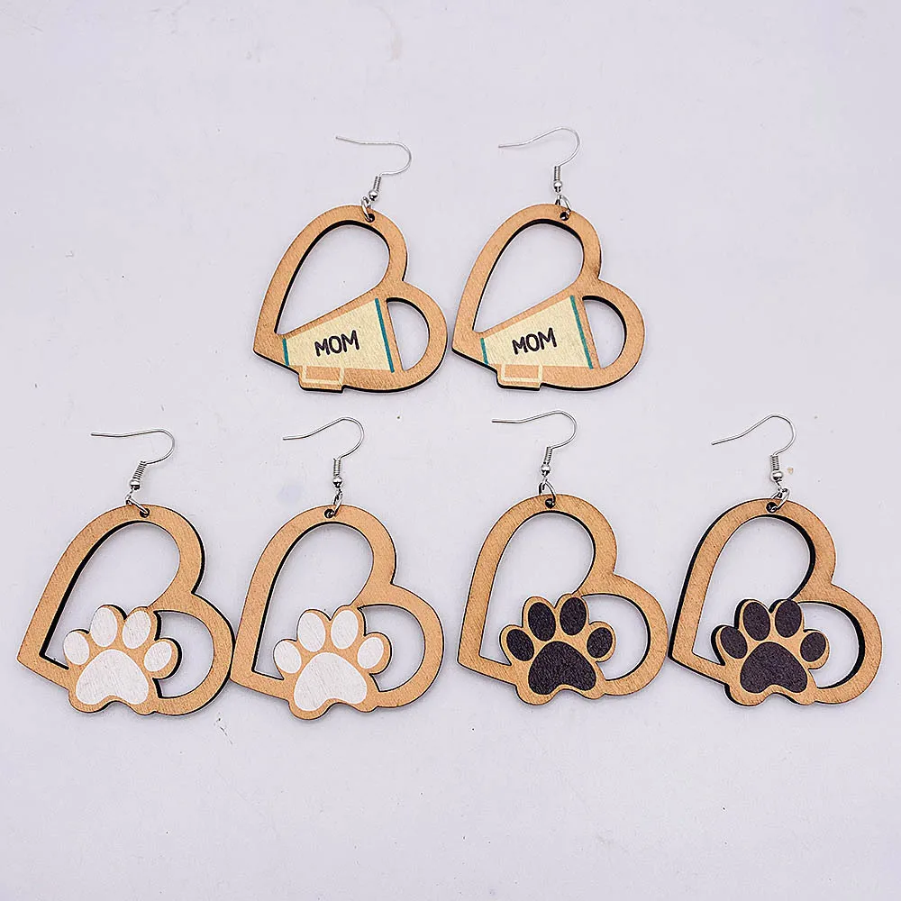 

Popular Cute Dog's Paw Hollow Heart Pendant Earrings Wholesale Letter MOM Heart Earrings Gift For Mother's Day