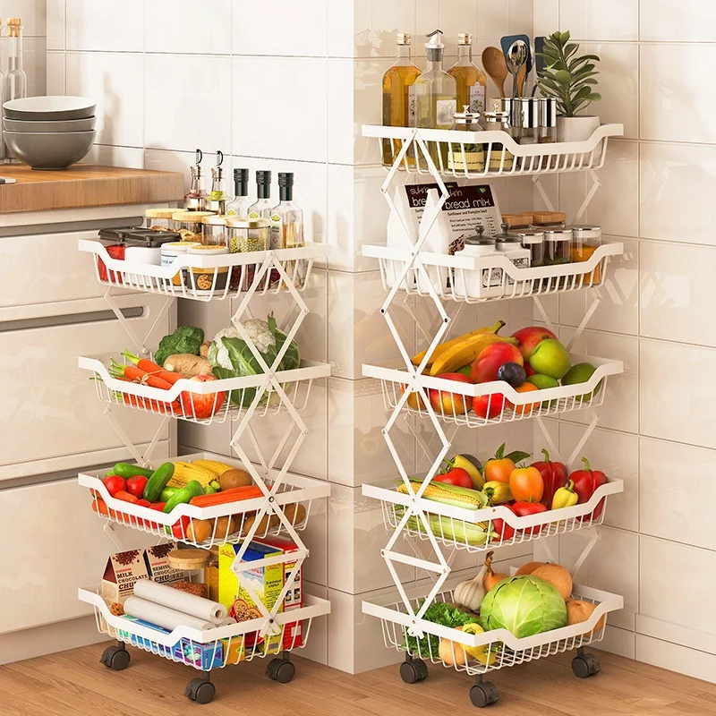 

3/4/5-Tier Floor-standing Storage Rack Fruit Vegetable basket Collapsible Corner Shelf with Wheels Bathroom, White/black