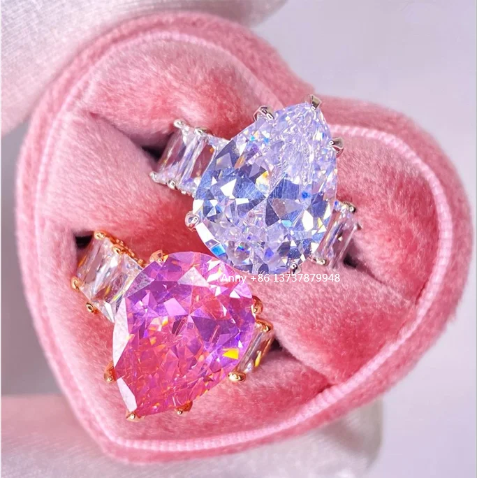

New arrivals women cubic zirconia pear cut diamond ring luxury sparkle 925 sterling silver icy pink iced out moissanite rings