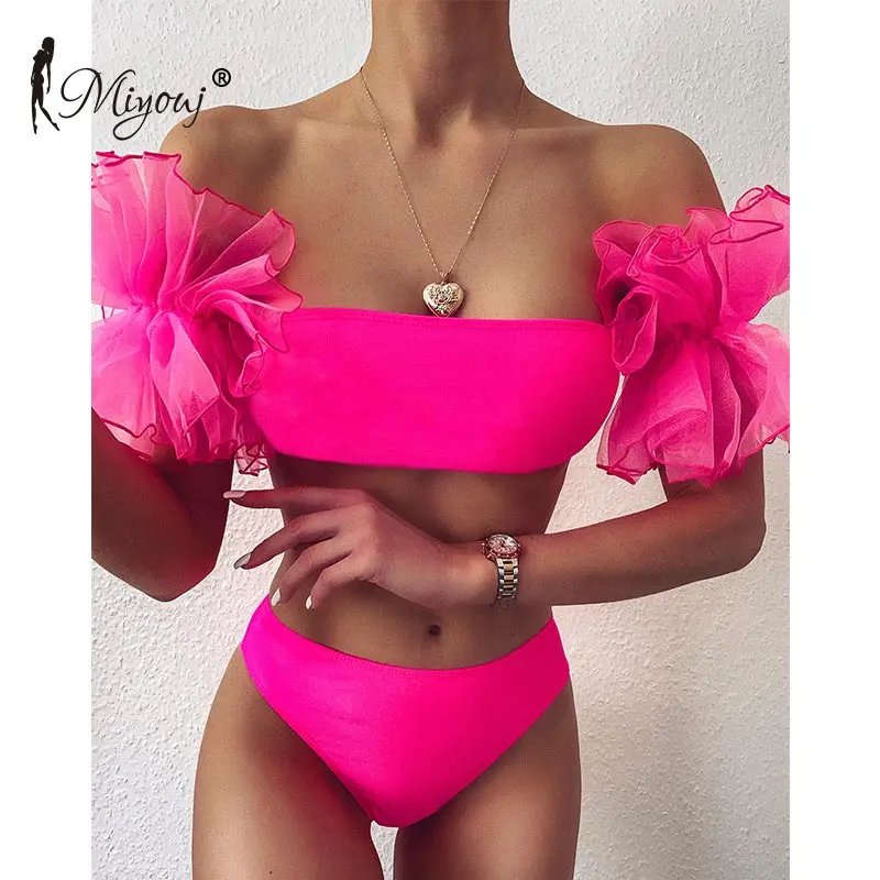 

Miyouj Mesh ruffle swimsuit female Sexy bandeau bikini 2021 strapless swimwear women high waist bikini set, Customized colors