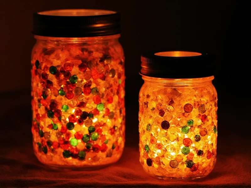 Eco-friendly jar lanterns with seed mosaics glowing softly