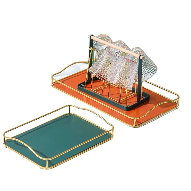 

Logo Household Nordic Style Tray Light Luxury Water Cup Tea Set Living Room With Handle Hospitality Metal Storage Tray