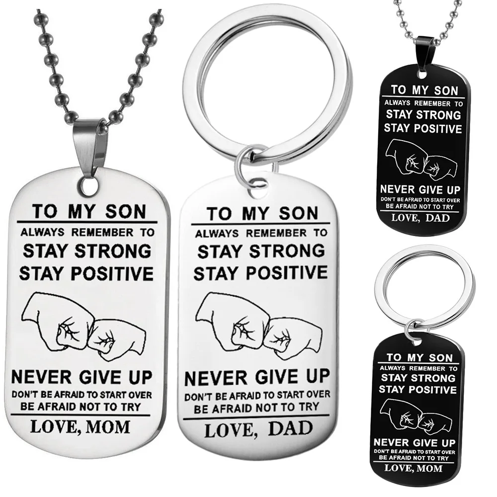 

Valentines Day Fashion Keychain Love Gift For Son New Lettering "To My Son" Stainless Steel Geometric Military Tags Necklace