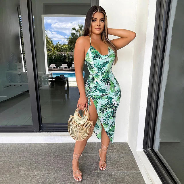 

Trendy Digital Printed Bodycon Drawstring Ladies Halter Dress Charming Low-Cut Halter Backless Asmmetric Dresses -SM, Green