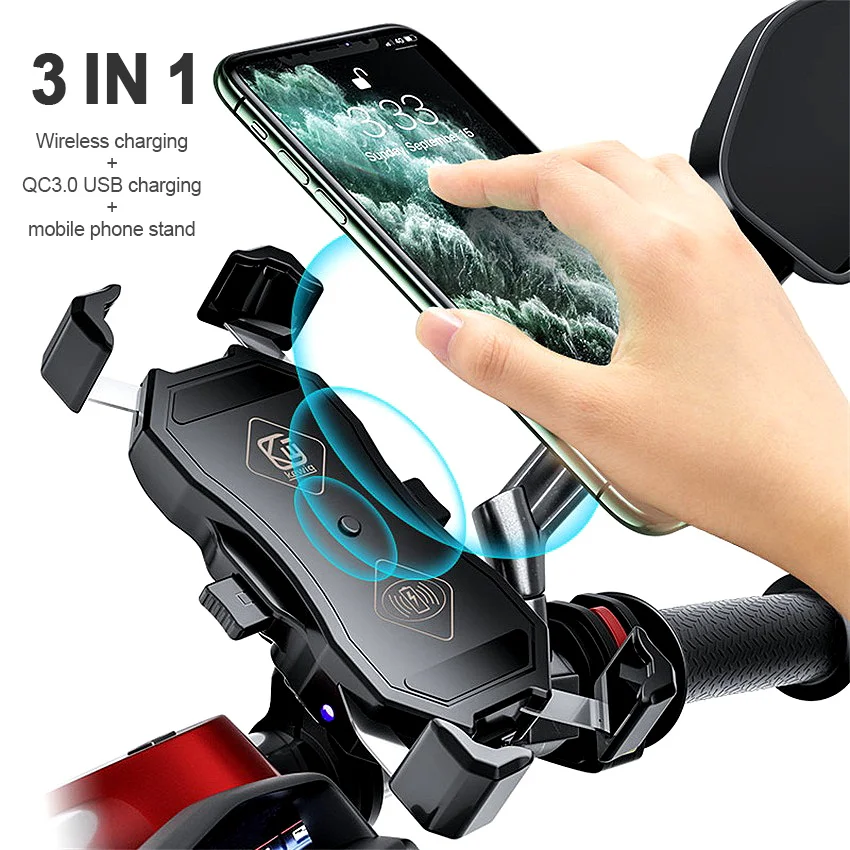 

360 Degree Rotation Bike Bicycle Motorcycle Phone Holder 15W Wireless Charger QC3.0 USB Fast Charging Bracket Holder Mount Stand