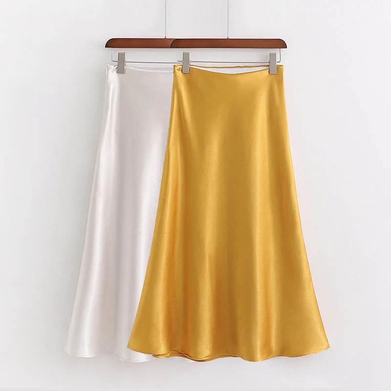 

Q286 New Design 2020 Solid Color Elegant Soft Satin Skirt Women Spring Match All Skirts Saias Clothing kjol