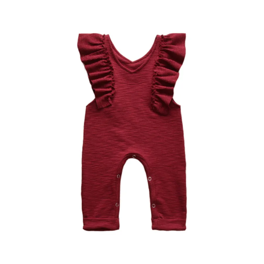 

Wholesale pure cotton sleeveless baby jumpsuit Red wine one piece jumpsuits for infants toddler ruffled jumpsuits and rompers, Red wine&customized color