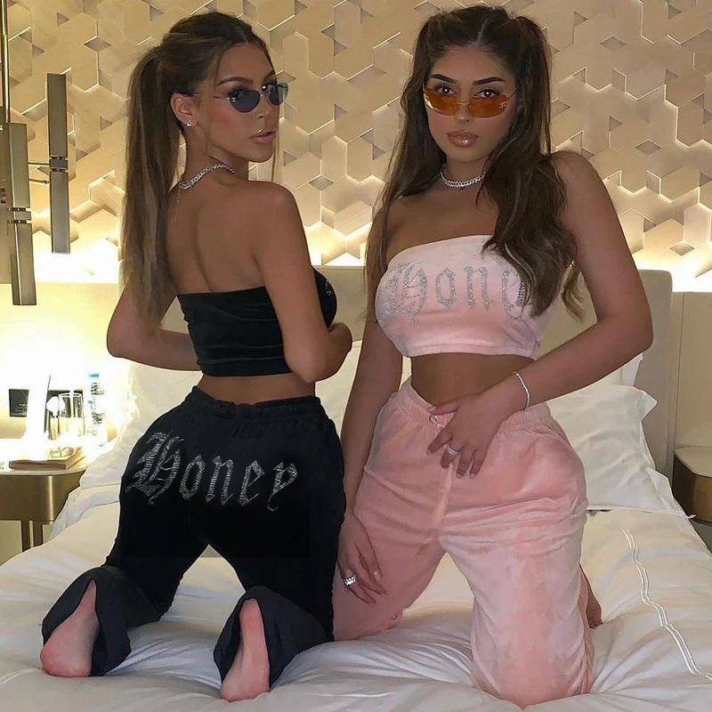 

Velvet Rhinestone Letter Print Women Two Piece Set Tube Crop Top High Waist Wide Leg Pants Tracksuit Sporty 2021 Summer, As picture